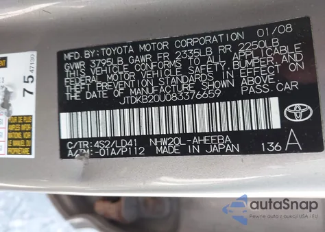 2008 Toyota Prius из США, поврежденный, VIN JTDKB20U083376659